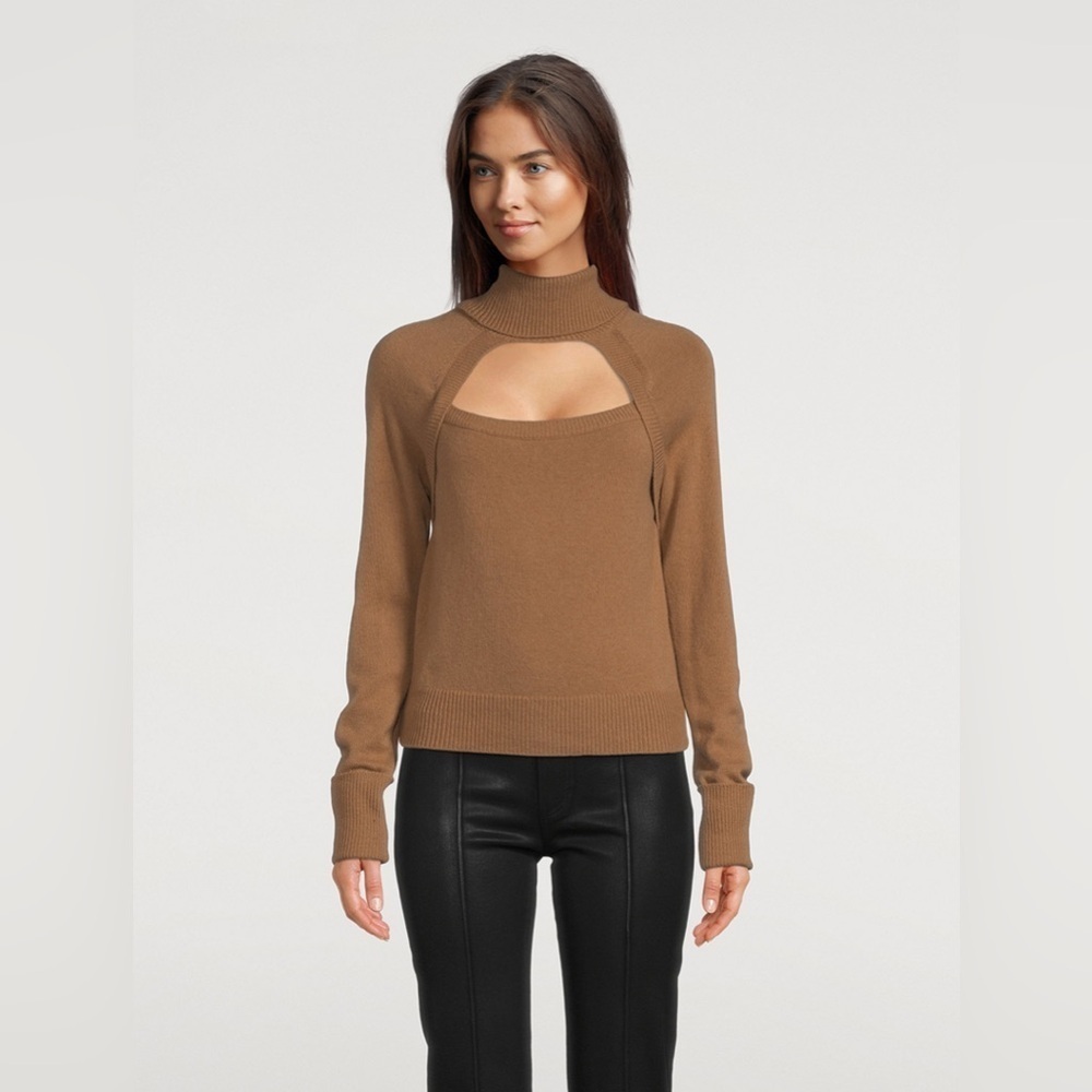 NWT PAIGE Designer Brown Camel Cherise Keyhole Turtleneck Sweater Size Medium